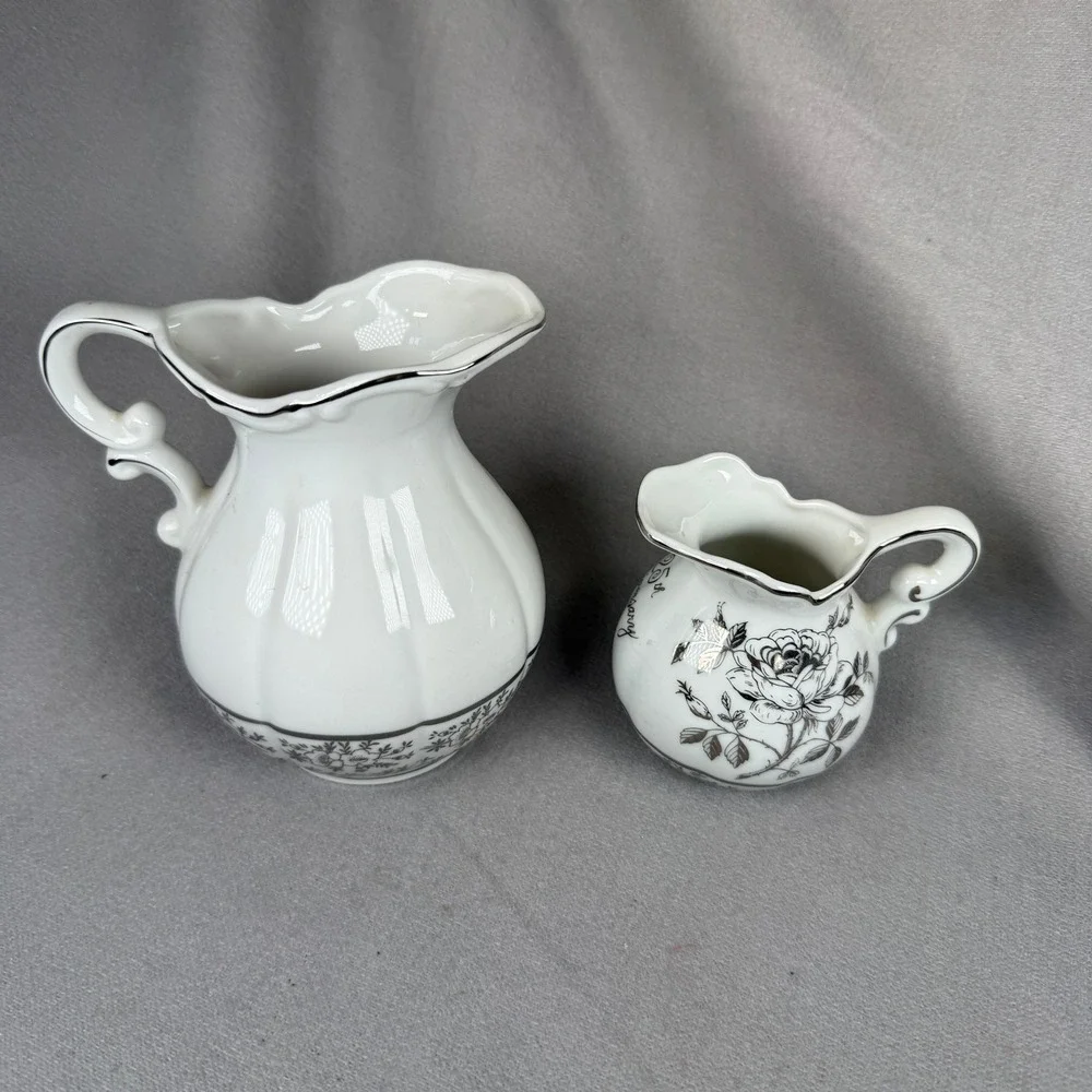 Napco 25th Anniversary Pitcher Set Unisex Small White Silver Vintage Rose AB-185